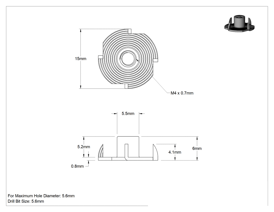 Teknik Çizim - Ahşap için Çinko Kaplı Çelik T-Somun Ek Parçaları, M4 x 0.7 mm Diş Boyutu, 6 mm Takılı Uzunluk