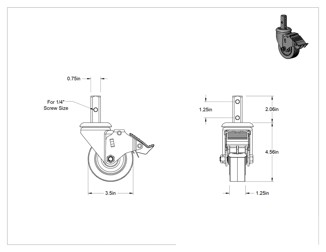 Teknik Çizim - Montaj Delikleri ve Kare Saplı Tekerlek, Tam Kilitli ve Gri 3-1/2" Çapında Tekerlekli Döner