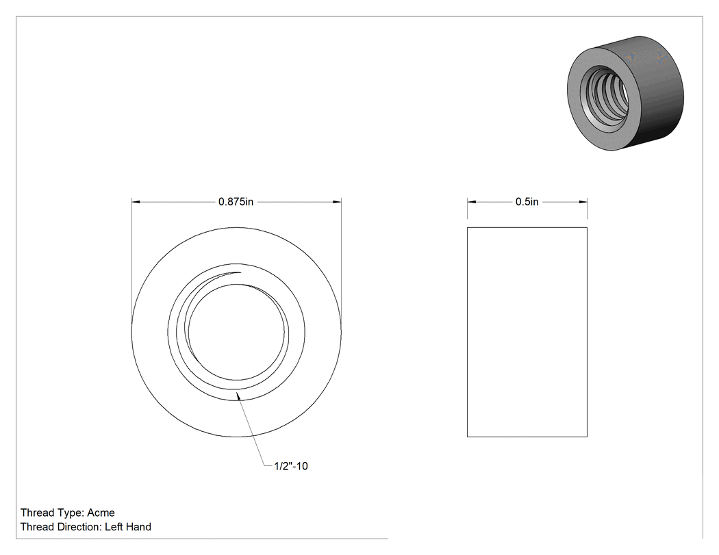 Teknik Çizim - ASTM B16 360 Pirinç Acme Yuvarlak Somun, Sol Yönlü, 1/2"-10 Diş Boyutu