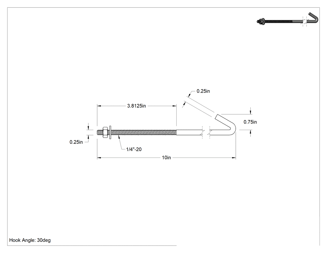 Teknik Çizim - Somun ve Pullu Düşük Mukavemetli Çelik Sabitleme Cıvatası, 30 Derecelik Yuvarlak Kanca, Çinko Kaplamalı, 1/4"-20 Diş Boyutu, 10" Uzunluk
