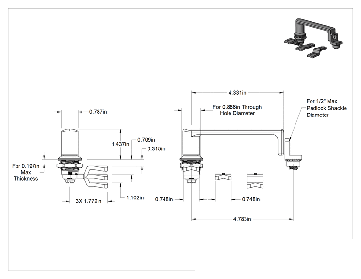 Teknik Çizim - Yıkanabilir L-Kolu Asma Kilitlenebilir Kam Mandalı, Mat 316 Paslanmaz Çelik, 3/16" Maksimum Kalınlık için