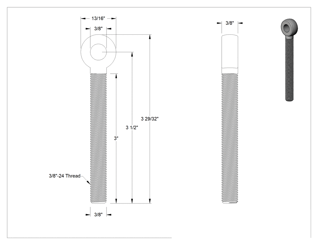 Teknik Çizim - Tam Gijon Ucu Cıvatası, Sağ Yönlü 3/8"-24 Şaft, 3-1/2 inç Şaft Merkez Uzunluğu
