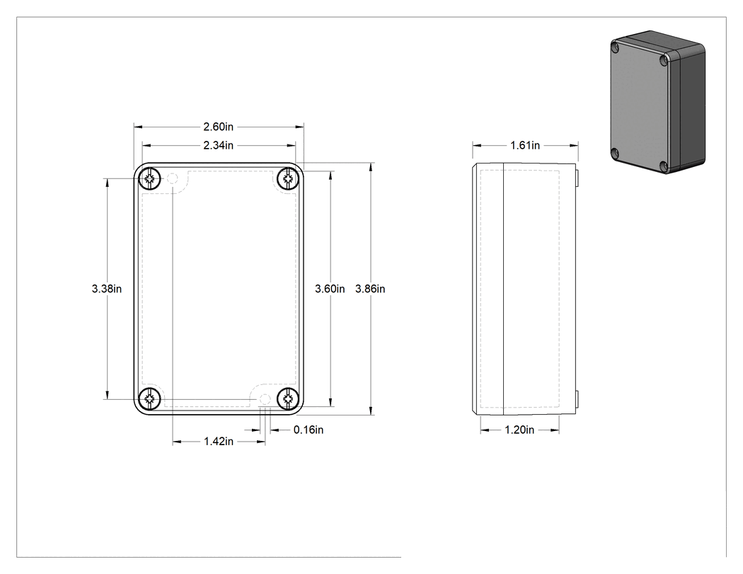 Teknik Çizim - Su Geçirmez Polikarbonat Muhafaza, Şeffaf Önden Görünümlü Kaldırılabilir Kapak, 2-3/4" x 4" x 1-5/8"
