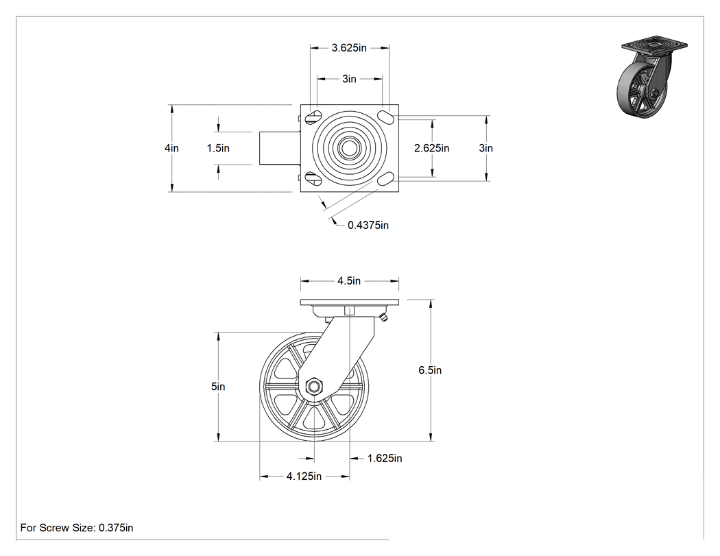 Teknik Çizim - 4-1/2" x 4" Montaj Plakalı Samson Tekerlek, 5" Çapında Metal Tekerlekli Döner