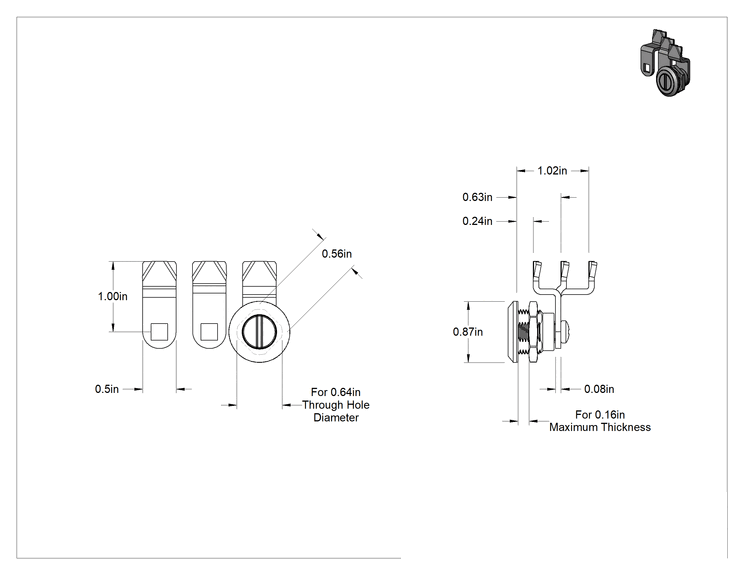 Teknik Çizim - Minyatür Yıkanabilir Oluklu Tahrikli Kam Kilitleri, Krom Kaplı Çinko, 5/32" Maksimum Kalınlık için