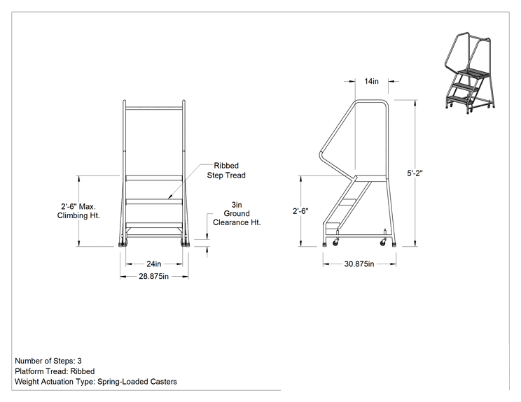 Teknik Çizim - Hafif Alüminyum Tekerlekli Platform Merdiveni, Yivli Basamaklar, 5'2" Yükseklik x 29" Genişlik x 31" Derinlik Toplam