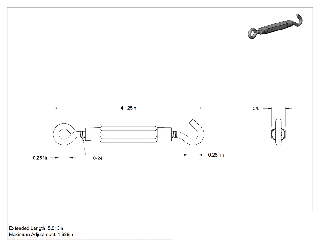 Teknik Çizim - Kapalı Gövdeli Alüminyum Gerdirme - Kaldırma Amaçlı Değildir, Kanca-Göz, 40 lbs. Kapasite, 4-1/8" Geri Çekilmiş Uzunluk