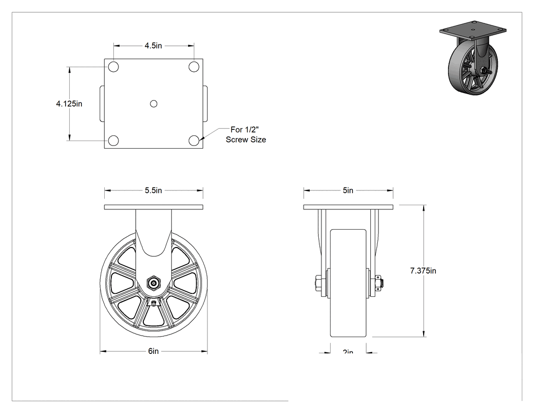 Teknik Çizim - 5-1/2" x 5" Plakalı Yüksek Kapasiteli Spartan Tekerlek, 6" Çapında Demir Tekerlekli Sert