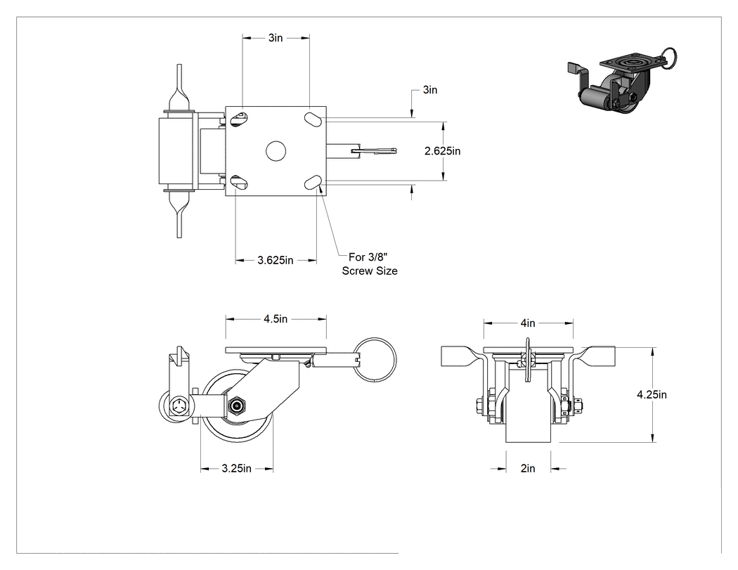 Teknik Çizim - 4-1/2" x 4" Plakalı Yüksek Kapasiteli Spartan Tekerlek, Frenli Döner Tekerlek, Döner Kilit, 3-1/4" Çaplı Açık Rulmanlı Metal Tekerlek