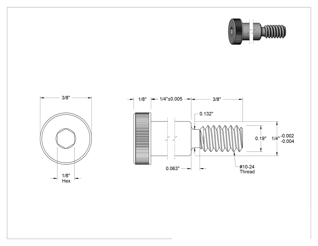 Teknik Çizim - Siyah Oksit Alaşımlı Çelik Düşük Profilli Omuzlu Vida, 1/4" Omuz Çapı, 1/4" Omuz Uzunluğu, 10-24 Diş