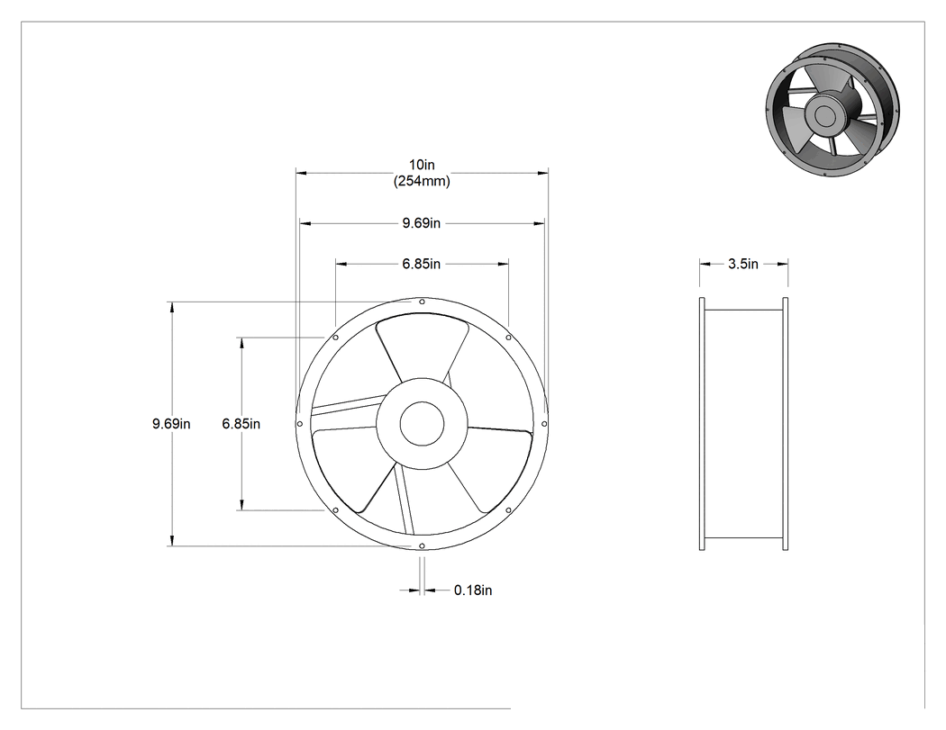 Teknik Çizim - Ekipman Soğutma Fanı, Yuvarlak, 120V AC, Faston Terminaller, 10" Çap, 600 CFM Hava Akışı