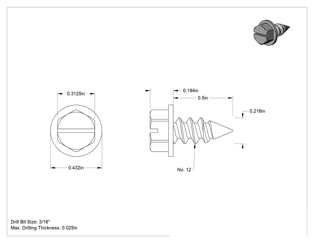 Teknik Çizim - 18-8 Paslanmaz Çelik Sac Metal için Flanşlı Altıköşe Başlı Vidalar, 12 Numaralı Boyut, 1/2" Uzunluk