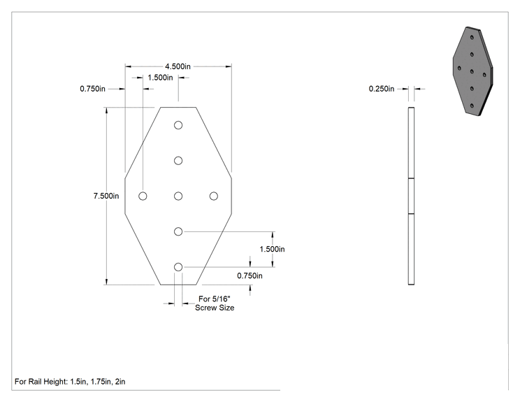Teknik Çizim - Alüminyum Cıvatalı Çerçeveler için 7-1/2" Uzunlukta Yüzey Braketi