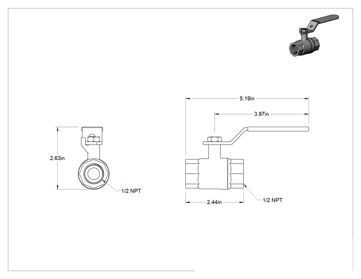Teknik Çizim - Bronz Açma/Kapama Valfi, Kol, 1/2 NPT Dişi, 15.3 Cv