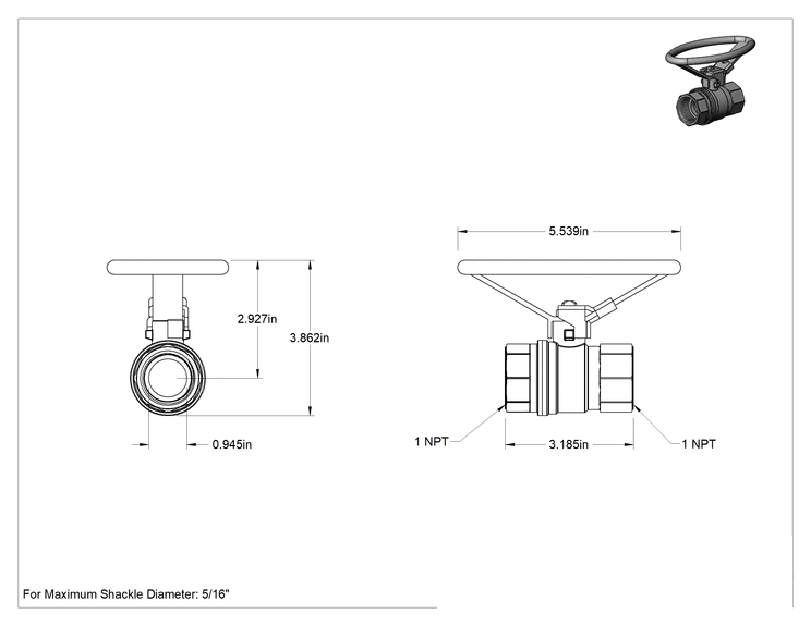 Teknik Çizim - Kilitlenebilir Oval Saplı Pirinç Açma/Kapama Vanası, 1 NPT Dişi