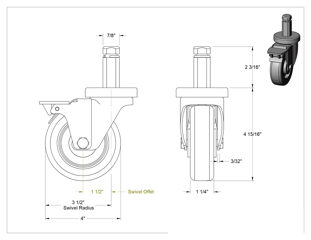 Teknik Çizim - Tel Raflar için Sürtünmeli Tutuşlu Saplı Tekerlek, Frenli Döner Tekerlek, Kare Mil ve 4" Çaplı Lastik Tekerlek