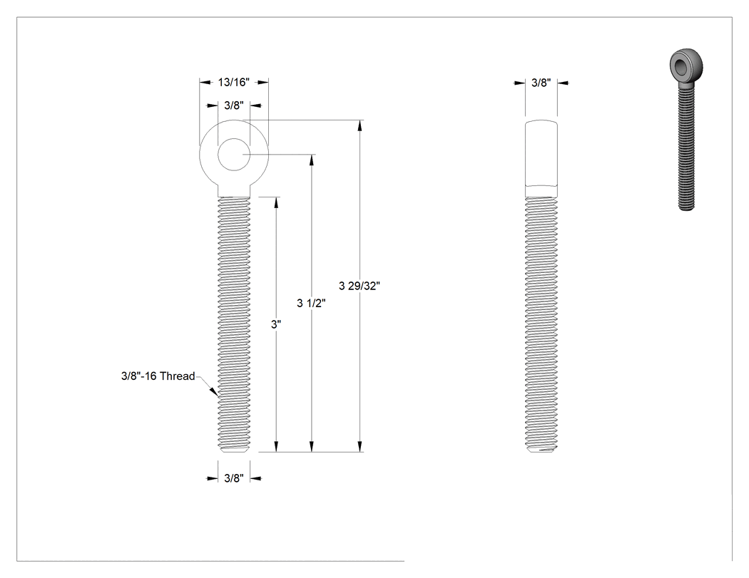 Teknik Çizim - Tam Gijon Ucu Cıvatası, Sağ Yönlü 3/8"-16 Sapı, 3-1/2 inç Şaft Merkez Uzunluğu