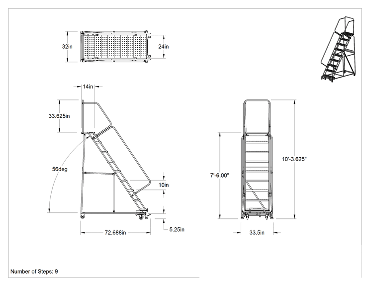 Teknik Çizim - Yuvarlanan Delikli Platform Merdiveni, Montajlanmamış, 9 Basamak, 7'6" Yükseklik x 14" Derinlik Platform