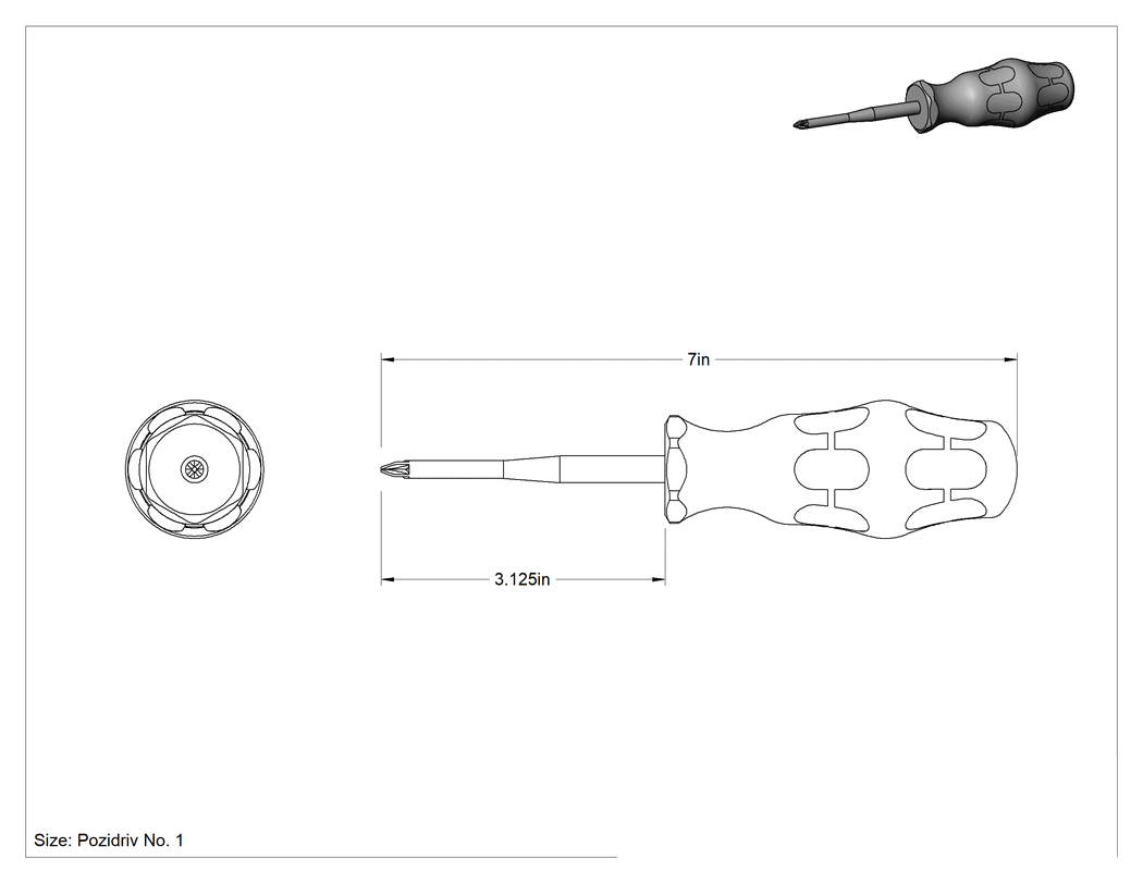 Teknik Çizim - Elektrik Yalıtımlı Tornavida, 1 Numaralı Pozidriv®, 3-1/8" Uzunluk x 1/4" Genişlikte Mil