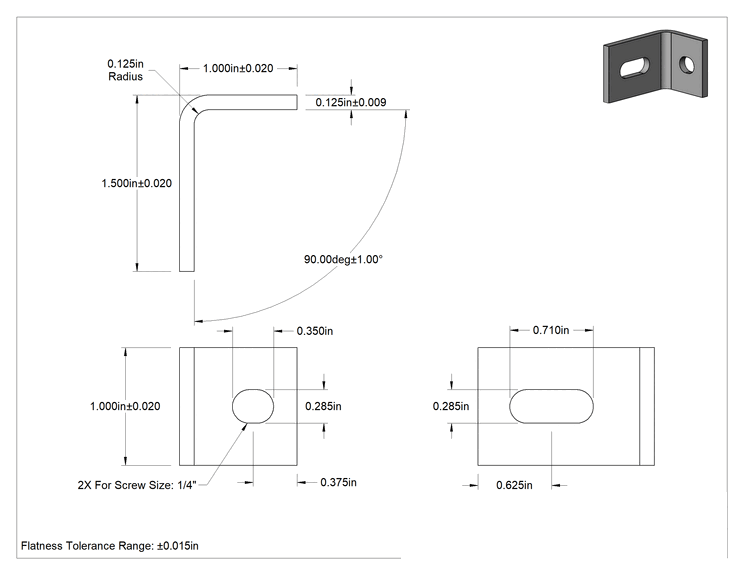 Teknik Çizim - Köşe Makine Braketi, 2 adet montaj yuvalı, 6061 Alüminyum, 1-1/2" x 1" x 1"