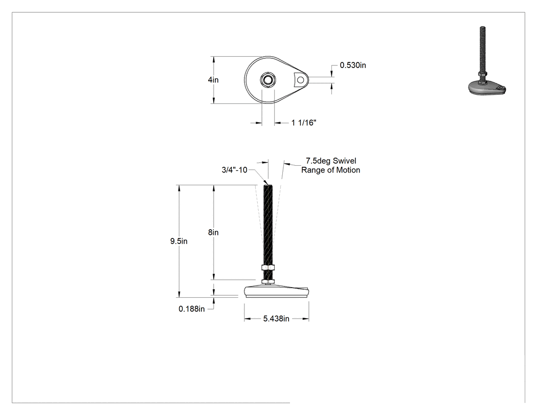Teknik Çizim - Cam Dolgulu Naylon Sabit Dönen Seviyeleme Montaj Parçası, Yastıklı ve 8" Uzun 3/4"-10 Çinko Kaplı Saplama, 1 Ofset Delik