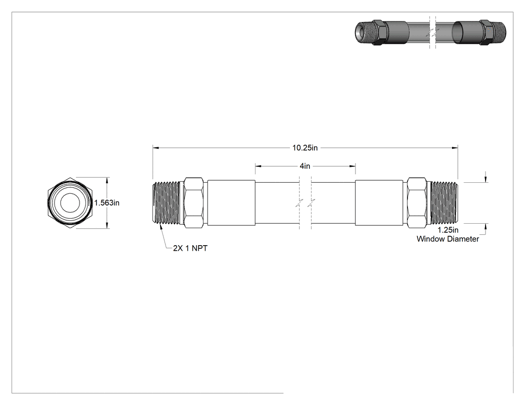 Teknik Çizim - Kimyasallar için Kompakt Akış Göstergesi, 1 NPT Erkek, 10-1/4" Uçtan Uca Uzunluk