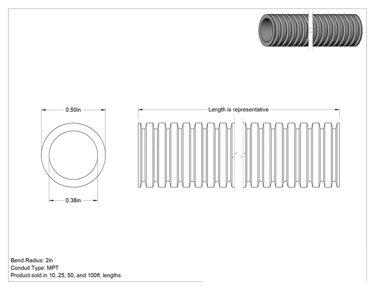 Teknik Çizim - Sürekli Esnek Plastik Kanal, 0.38" İç Çap, 0.51" Dış Çap