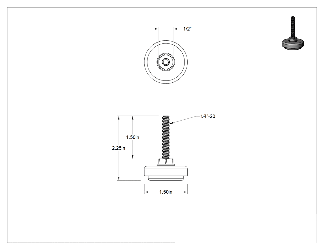 Teknik Çizim - Çinko Kaplı Çelik Sert Seviyeleme Montaj Parçası, Neopren Yastıklı, 1/4"-20 Saplama, 1-1/2" Taban Çapı