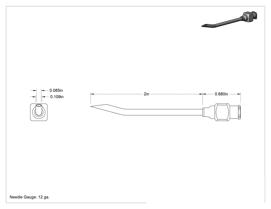 Teknik Çizim - Yeniden Kullanılabilir Paslanmaz Çelik Şırınga İğnesi, Luer Lock Bağlantısı, Açılı, Keskin Eğimli Uç, 12 G, 2" Uzunluk