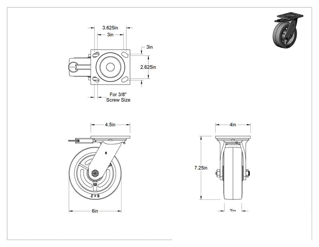 Teknik Çizim - 4-1/2" x 4" Montaj Plakalı Samson Tekerlek, Döner Kilitli ve 6" Siyah Kauçuk Tekerlekli Döner, Koruyuculu Rulman