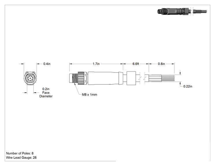 Teknik Çizim - Nano M8 Konektör, Düz Fiş, 6-1/2 Fit Kablo, 8 Kutup