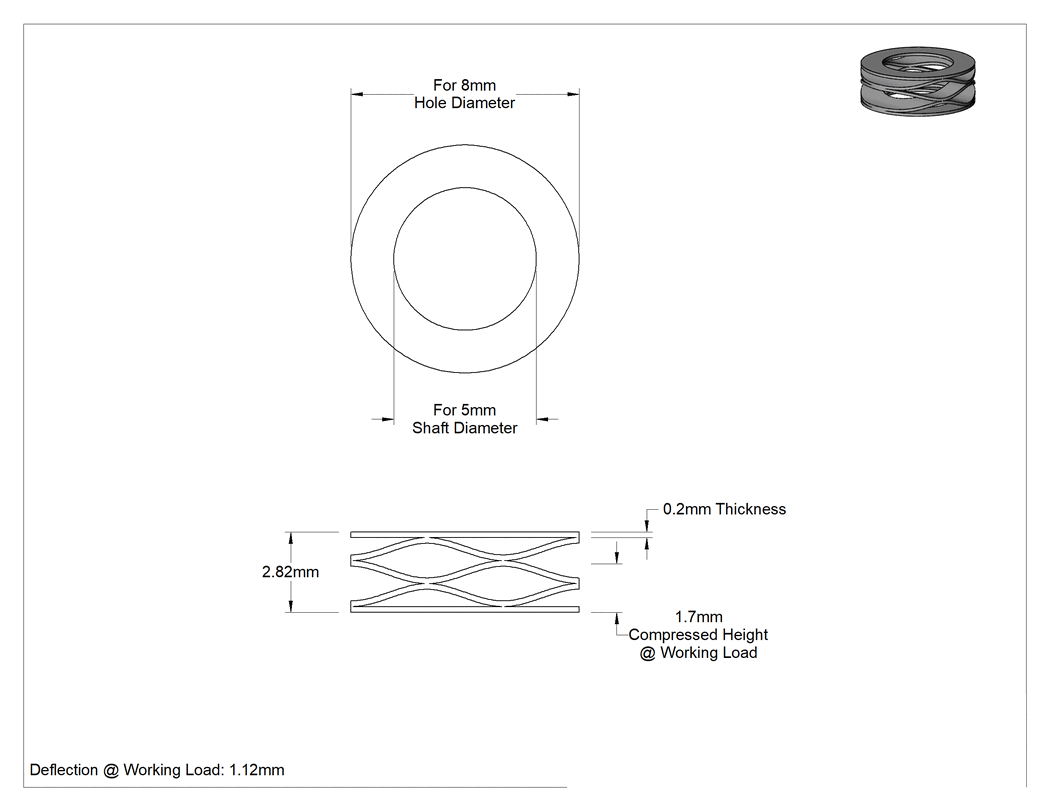 Teknik Çizim - Paslanma ve Aşınmaya Dayanıklı Yığılmış Dalgalı Disk Yay, Düz Uçlar, 5 mm Mil Çapı için, 1.7 mm Sıkıştırılmış Yükseklik
