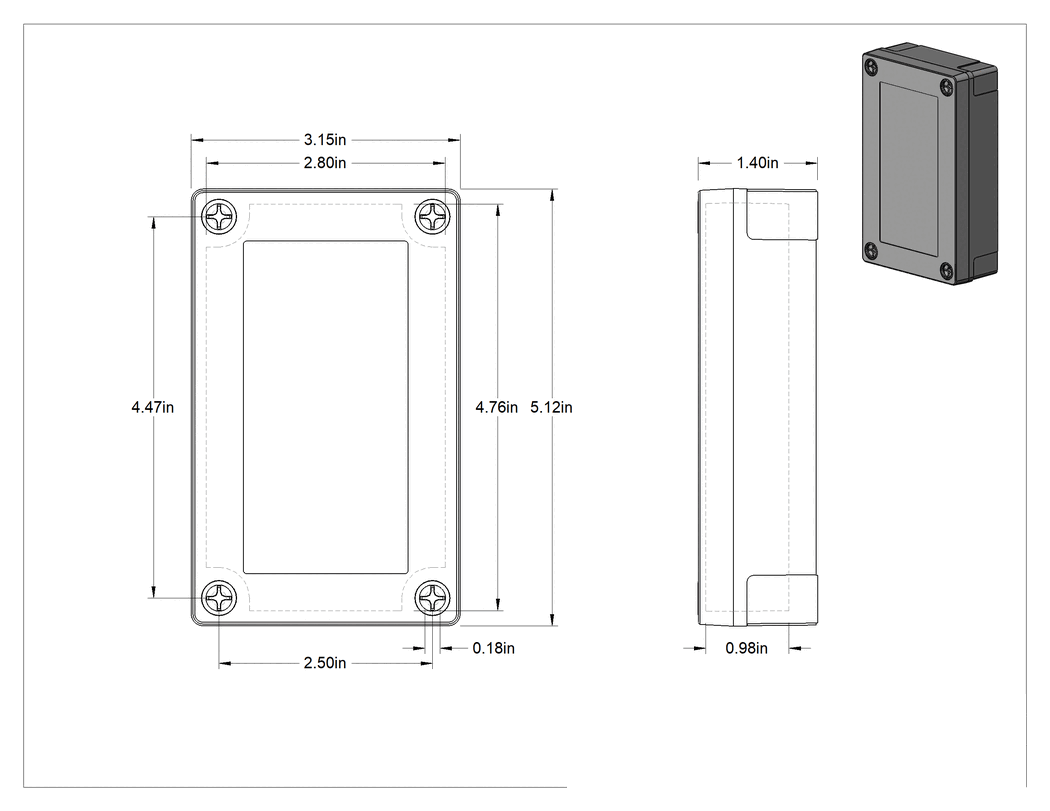 Teknik Çizim - Su Geçirmez Polikarbonat Muhafaza, Kaldırılabilir Kapak ve Montaj Delikli, 3-1/4" x 5-1/8" x 1-3/8"