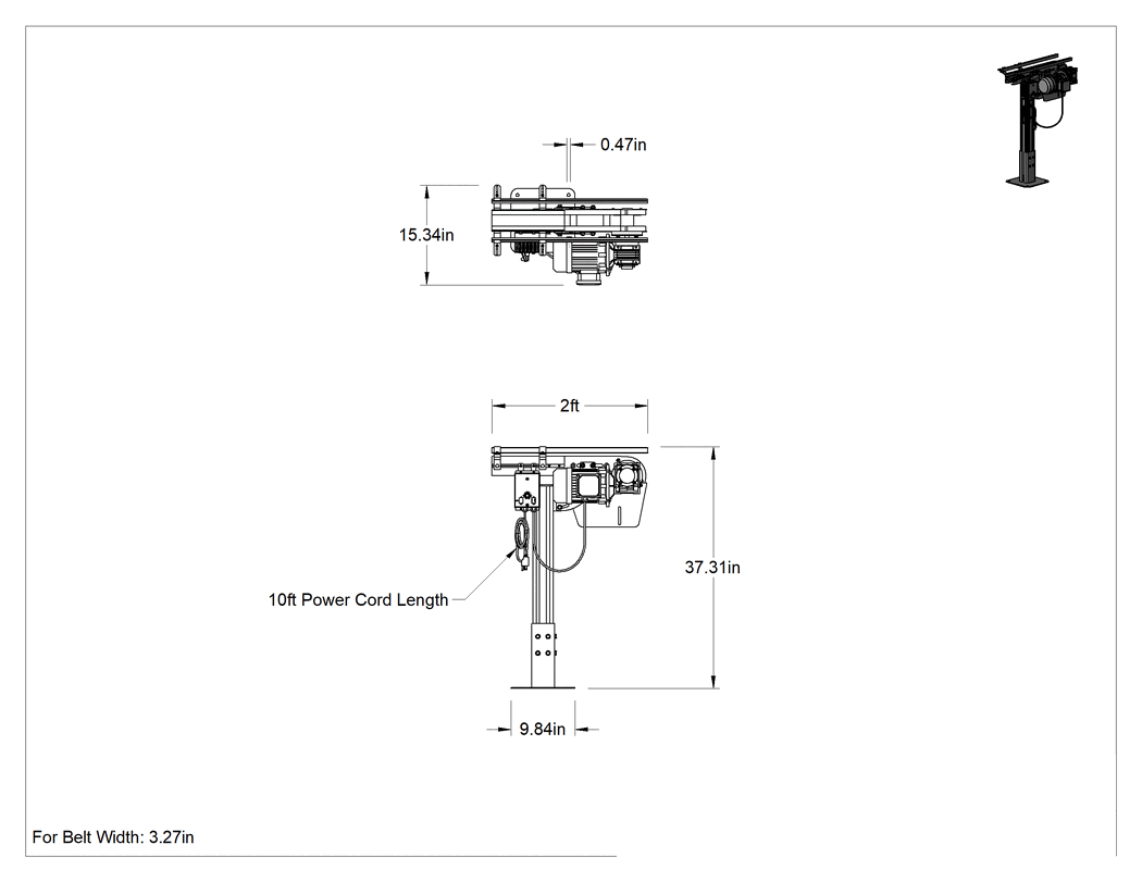Teknik Çizim - 15-1/4" Genişlikli Tahrik Tertibatı, Sağ Taraf Motor, Modüler Mini Zincirli Konveyör için