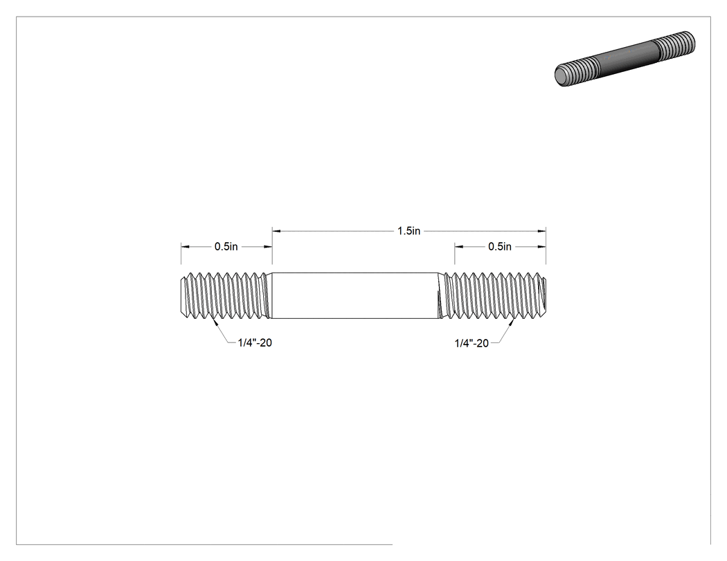 Teknik Çizim - Her İki Ucu Dişli Titreşime Dayanıklı Montaj Saplaması, Çelik, 1/4"-20 Diş Boyutu, 1/2" x 1/2" Diş Uzunluğu, 1-1/2" Uzunluk