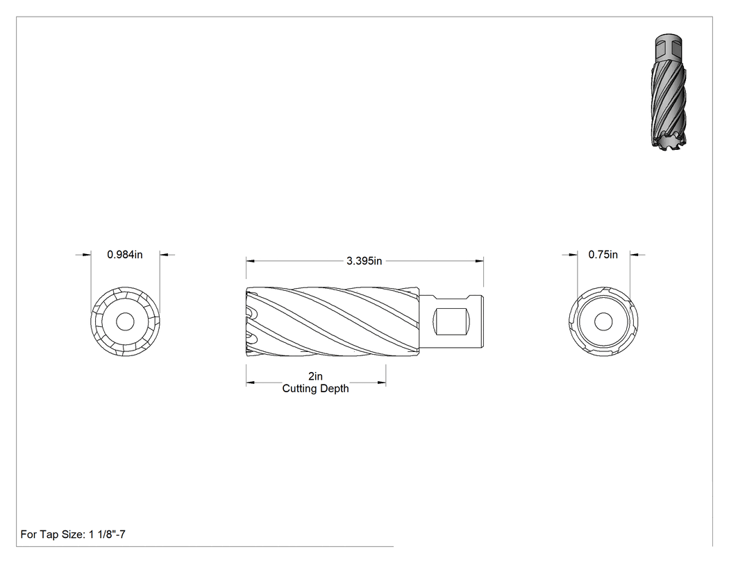 Teknik Çizim - Manyetik Tabanlı Matkaplar için İçi Boş Kesici, 25 mm Çap, 1-1/8"-7 Kılavuz Boyutu için