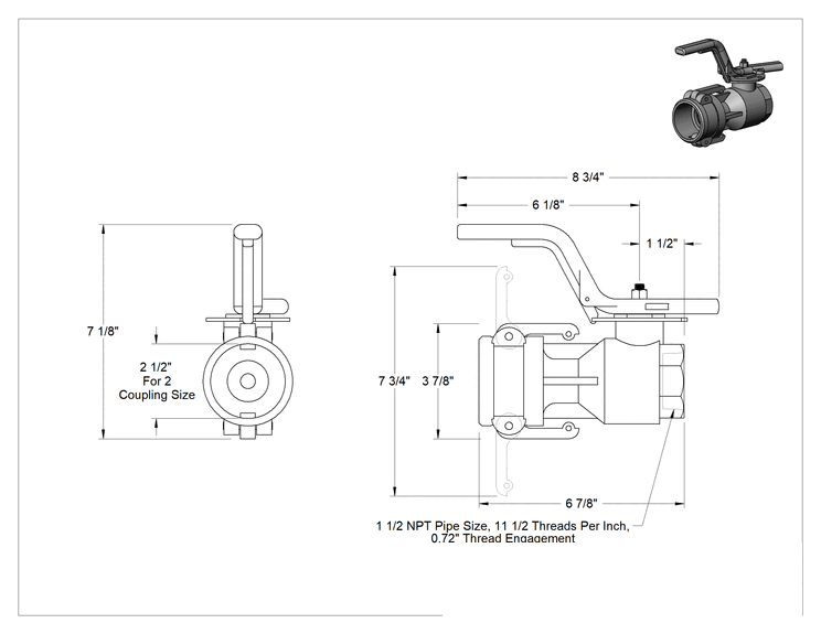 Teknik Çizim - Kam ve Yivli Hortum Bağlantısı, Hava ve Su için, 2 Numaralı, Alüminyum Soket, 1-1/2 NPT Dişi Uç