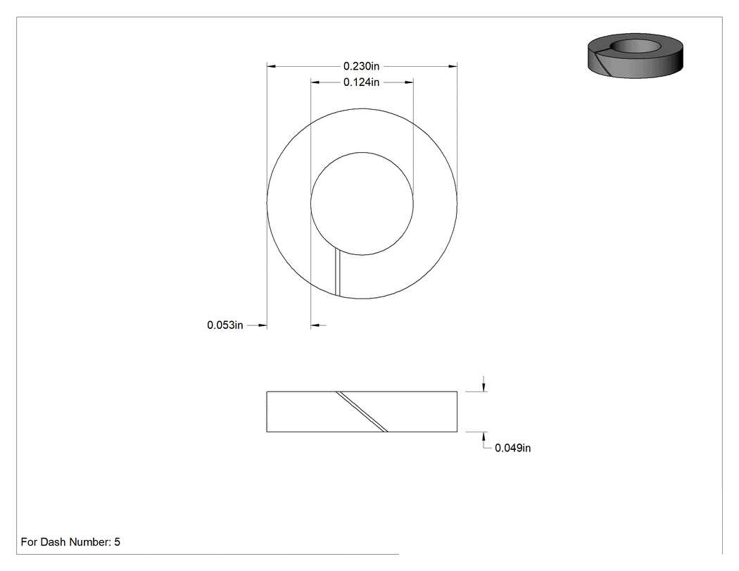 Teknik Çizim - Ultra Kimyasal Dayanıklı PTFE Destek Halkası, Yüksek Basınç, 0.053 inç Genişlik, Dash Numarası 005 için