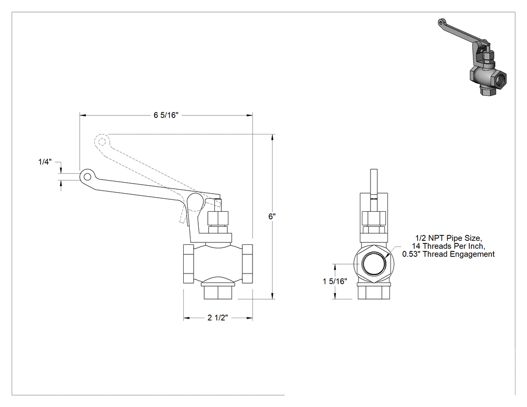Teknik Çizim - Bronz Çıtçıtlı Akış Ayar Vanası, Çekmeyle Çalışan Kol, 1/2 NPT Dişi