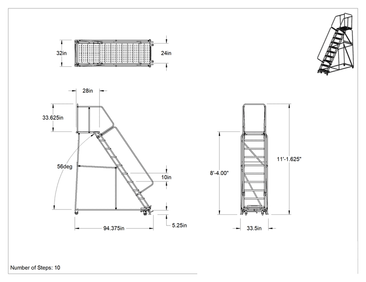 Teknik Çizim - Yuvarlanan Delikli Platform Merdiveni, Montajlanmamış, 10 Adım, 8'4" Yükseklik x 28" Derinlikli Platform