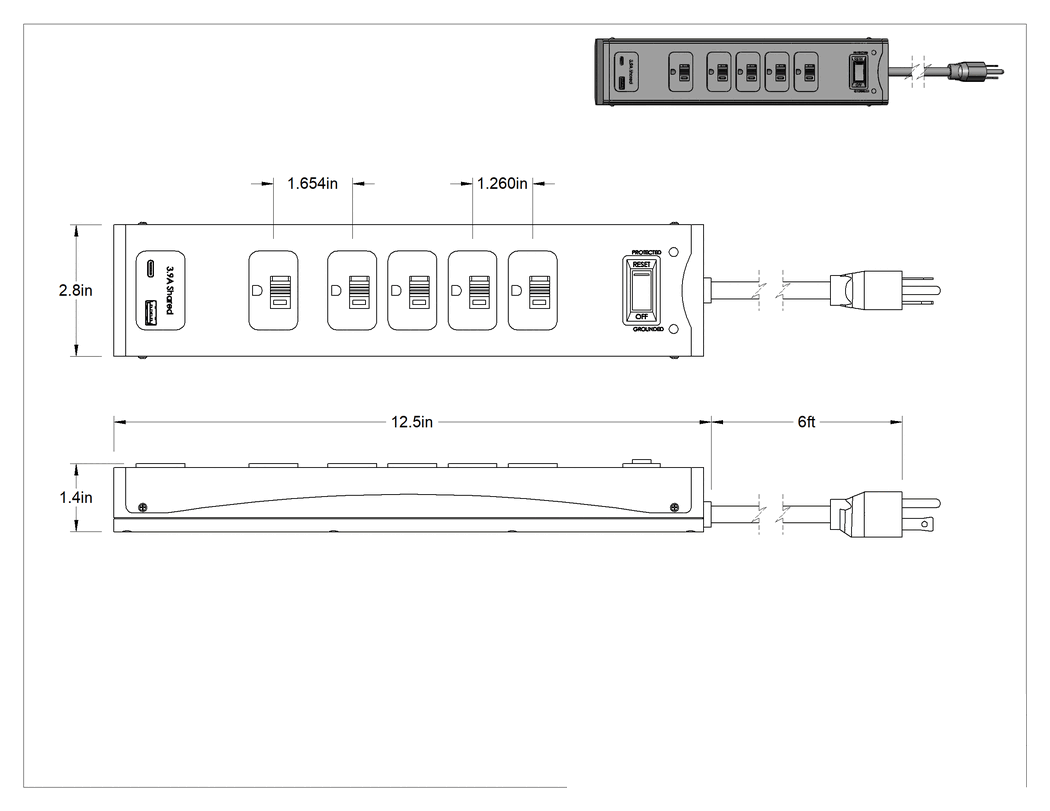 Teknik Çizim - Priz Şeridi, 1 adet USB-A ve 1 adet USB-C bağlantı noktalı, 5 Çıkış, 6' Uzunlukta Kablo