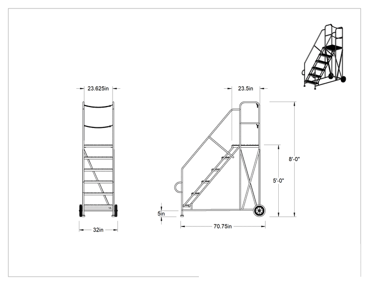 Teknik Çizim - Römork Boşaltma Tekerlekli Platform Merdivenleri, 8' Yükseklik x 32" Genişlik x 71" Derinlik Toplam