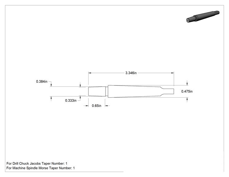 Teknik Çizim - Matkap Mandreni, 1 Morse x 1 Jacobs için, 3-11/32" Toplam Uzunluk