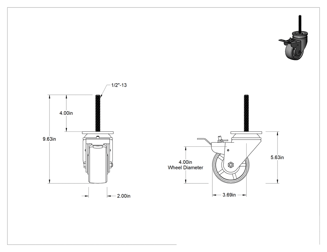 Teknik Çizim - 4 inç Uzunluğunda Dişli Saplı Döner Tekerlek, 1/2"-13 Diş ve 4" Çapında Poliüretan Tekerlek, Total Lock