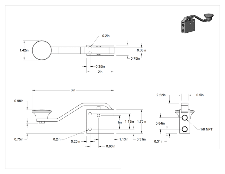 Teknik Çizim - Hava Yön Kontrol Vanası, Yaylı Geri Dönüşlü, Tek Eylemli, 1/8 NPT Dişi, 5 scfm