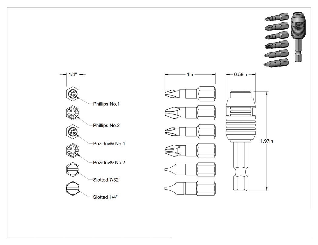 Teknik Çizim - Yüksek Torklu Uç Seti, 1/4" Altıgen Şaft, 7-Parça