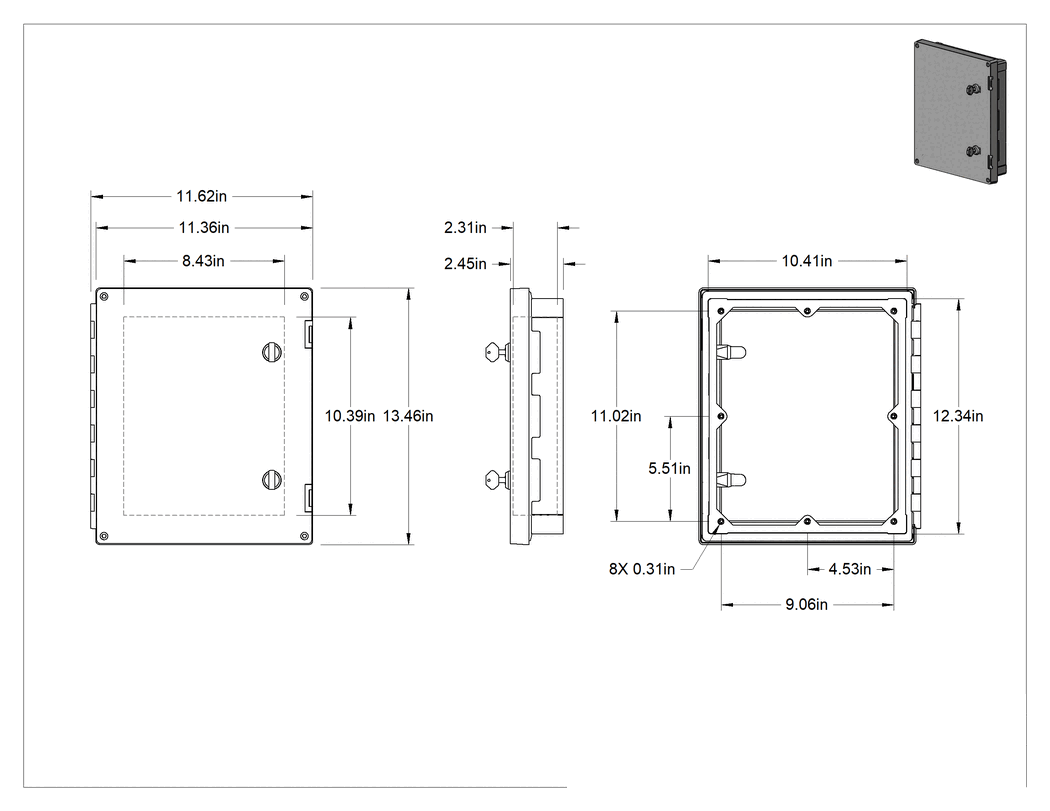 Teknik Çizim - Muhafazalar için HMI Kapağı, Anahtar Kilidi Kapatma, 13-7/16" Yükseklik, 11-5/8" Genişlik, 2-7/16" Derinlik