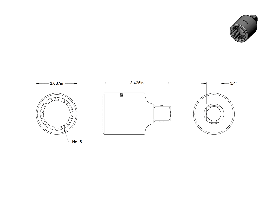 Teknik Çizim - Darbe Spline Tahrikinden Kare Tahrik Adaptörlerine, 5 Numaralı Yivli Dişi x 3/4" Kare Erkek