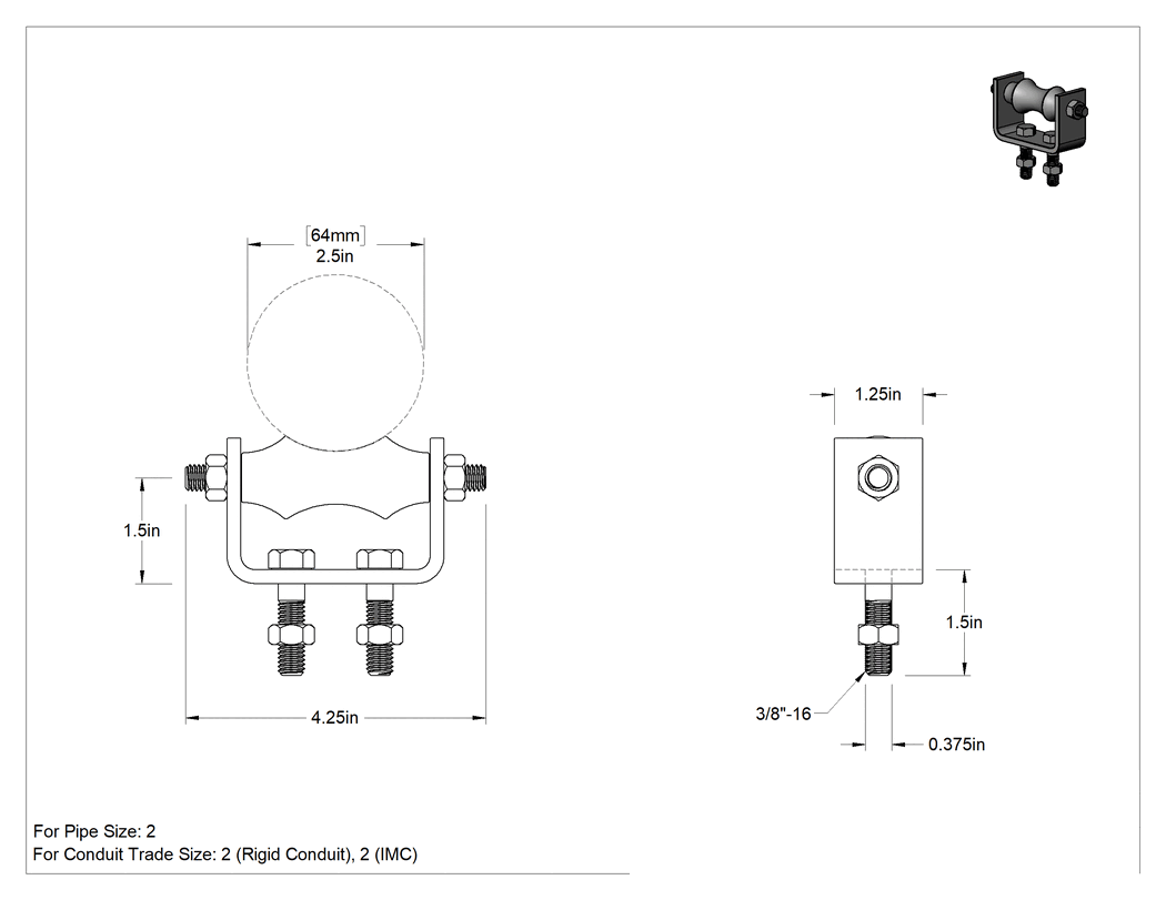 Teknik Çizim - Rulo Boru Desteği, 2-1/2" Dış Çap, 4-1/4" Uzunluk