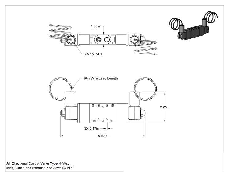 Teknik Çizim - Elektrikli Hava Yön Kontrol Vanası, Tehlikeli Ortam, 5/3 Akış Şeması, 1/4 NPT, 24V DC